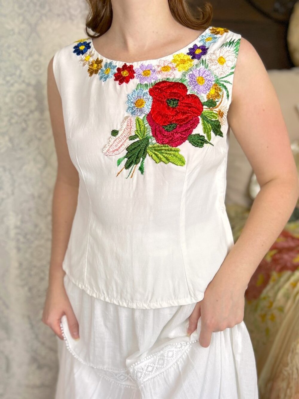 Vintage 1960s Hand-Embroidered White Sleeveless Top, Colorful Floral Folk Blouse - Picture 2 of 13